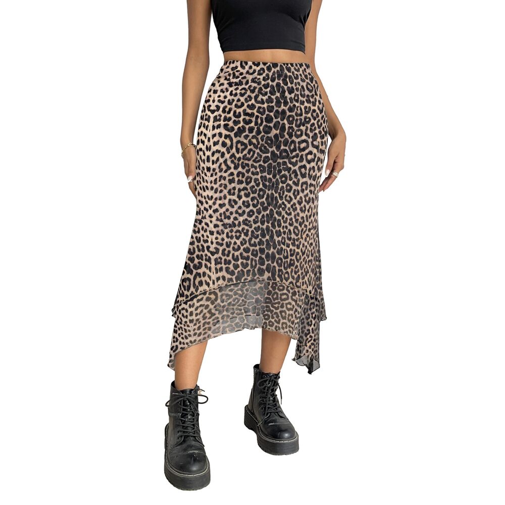 3407 Leopard Mesh Asymmetrical Midi Skirt High Waisted Long Skirts Khaki